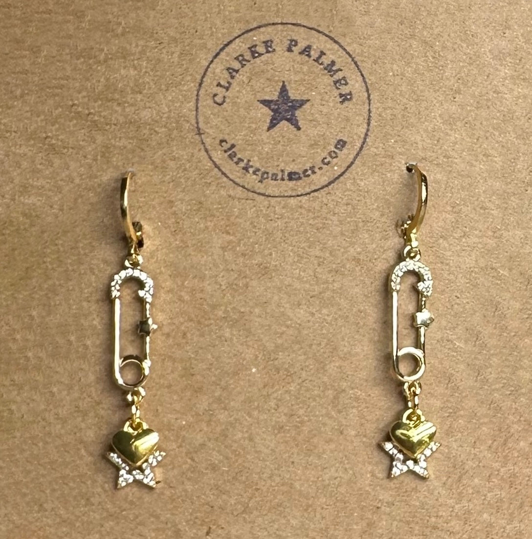 Safety Pin Earrings with Stars and Hearts