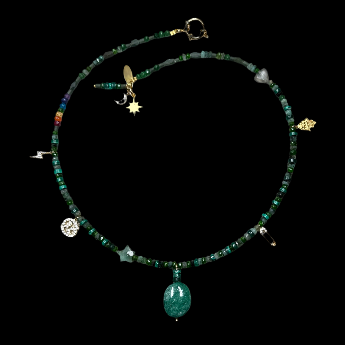 Emerald Pendant Necklace - Malachite, Jade and Gold Vermeil Charms - CLARKE PALMER