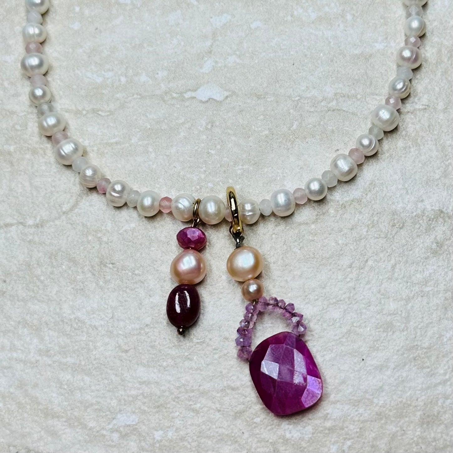 Ruby Moonstone and Pearl 'Peony' Pendant