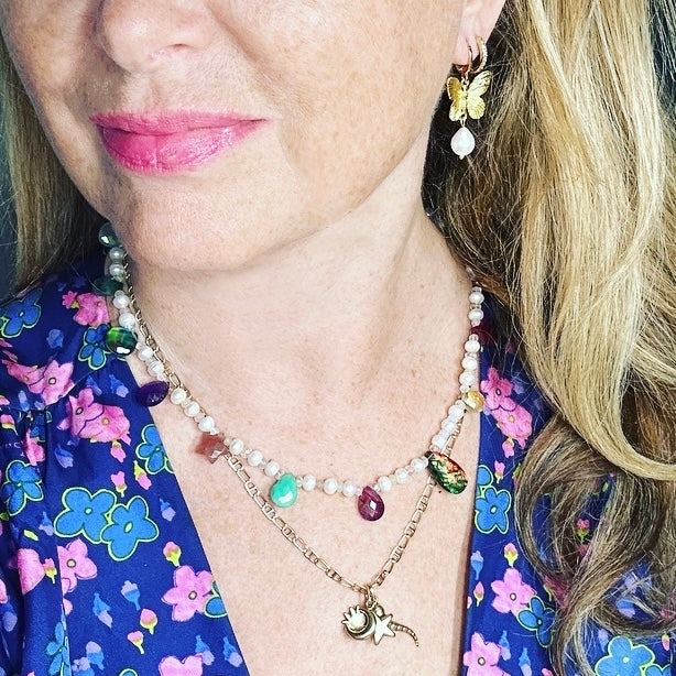 Golden Butterfly Drop Pearl Earrings