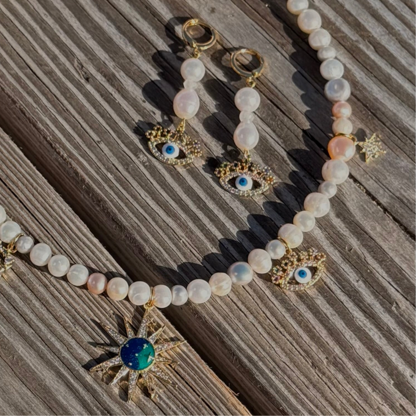 Evil Eye CZ Charm and Drop Pearl Earrings