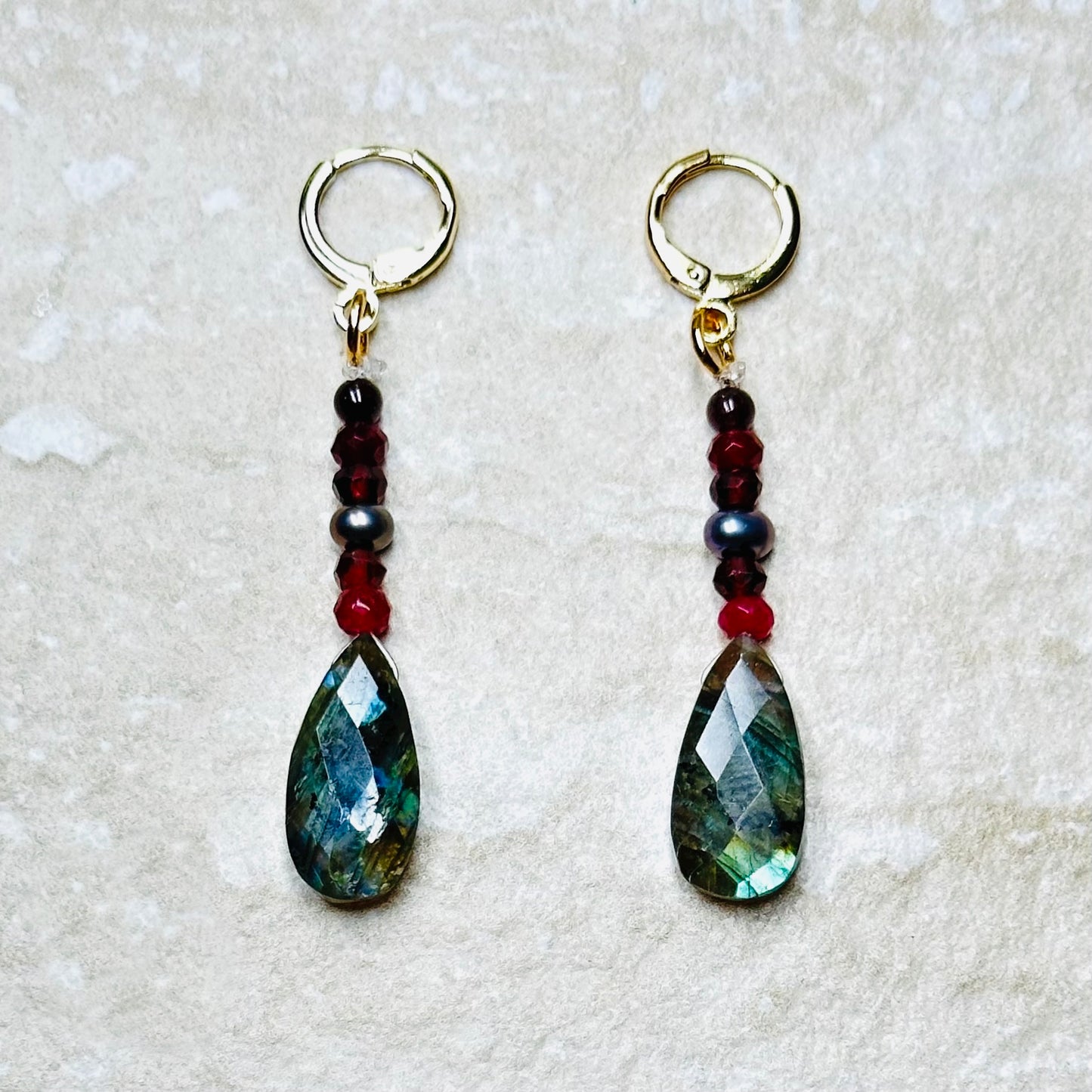 Labradorite Briolette Ruby Garnet Drop Earrings