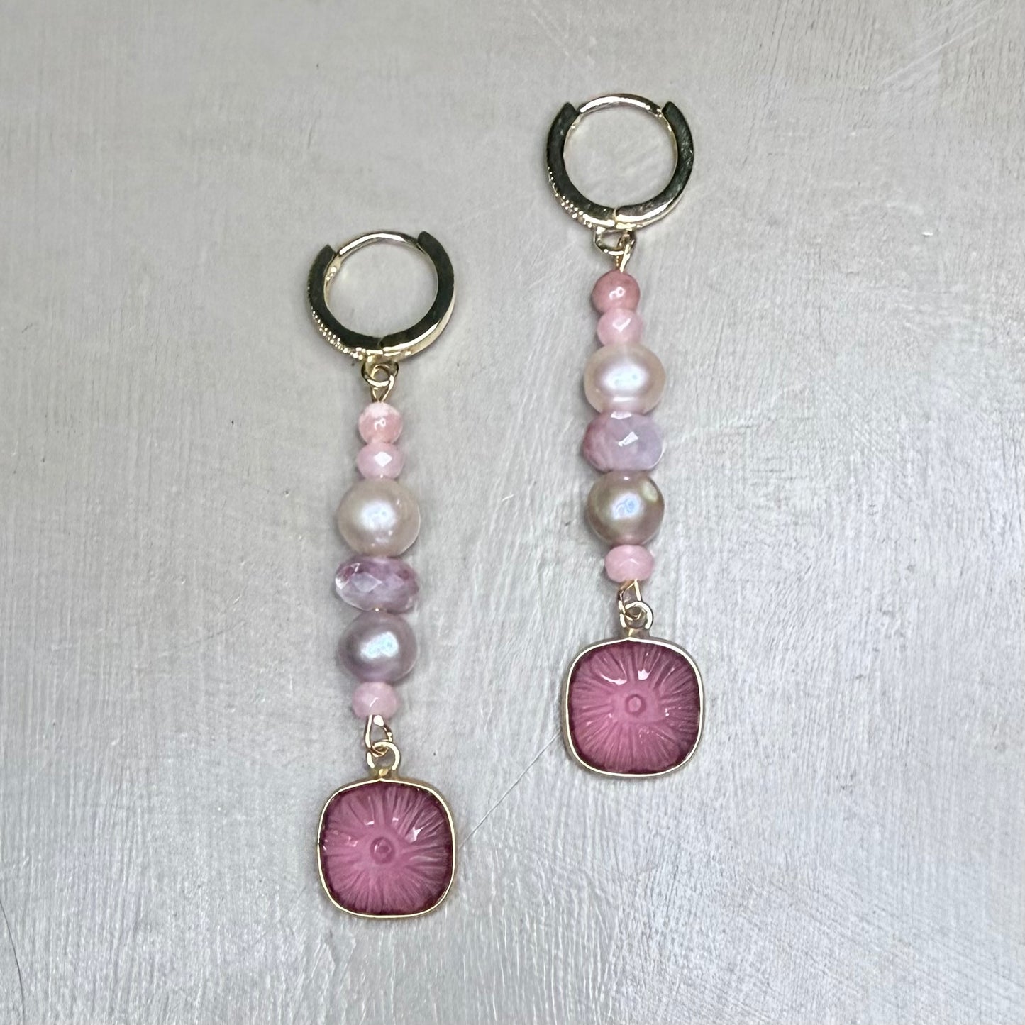 Violetta Carved Pink Tourmaline, Pearl & Moonstone Drop Earrings CLARKE PALMER