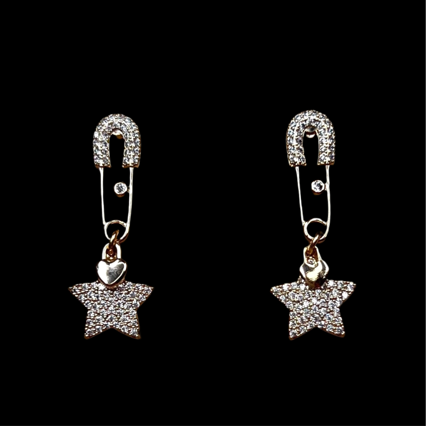 Star and Heart CZ Safety Pin Earrings