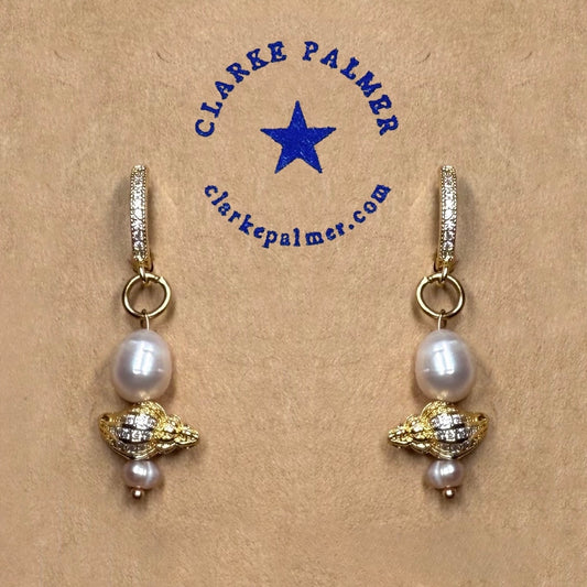 Naked Beach CZ Shell and Pearl Earrings