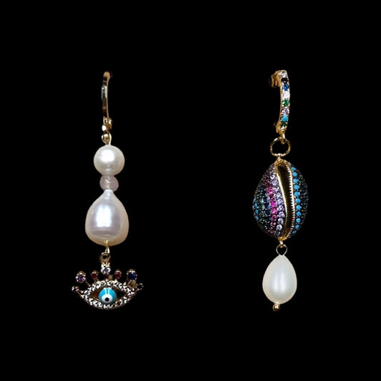 Evil Eye & Rainbow CZ Cowrie Shell and Drop Pearl Earrings
