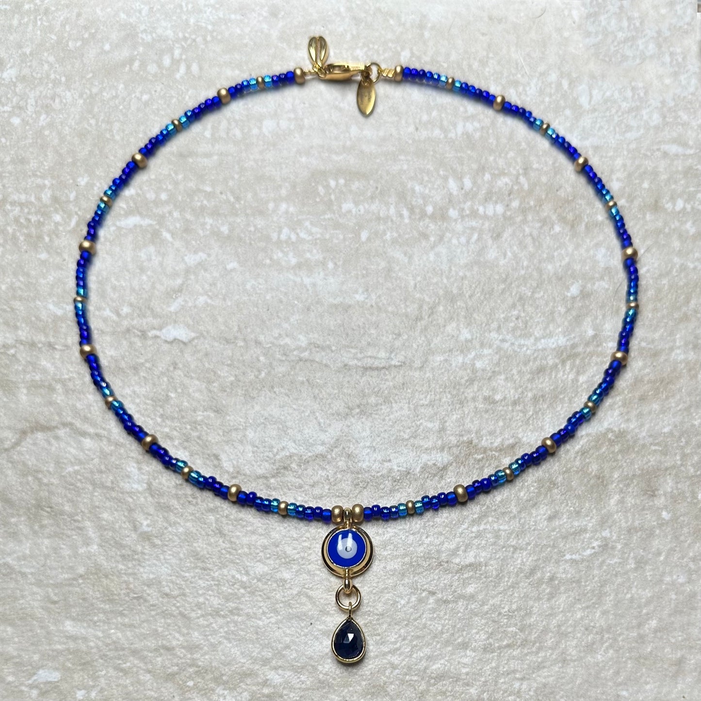 Evil Eye Sapphire Drop Beaded Necklace