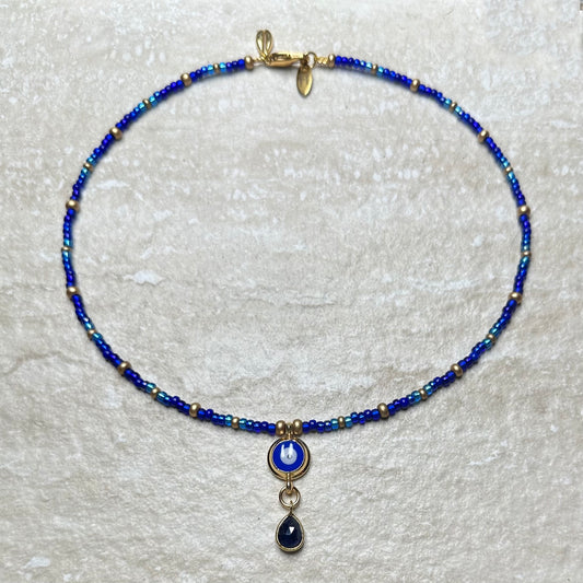 Evil Eye Sapphire Drop Beaded Necklace