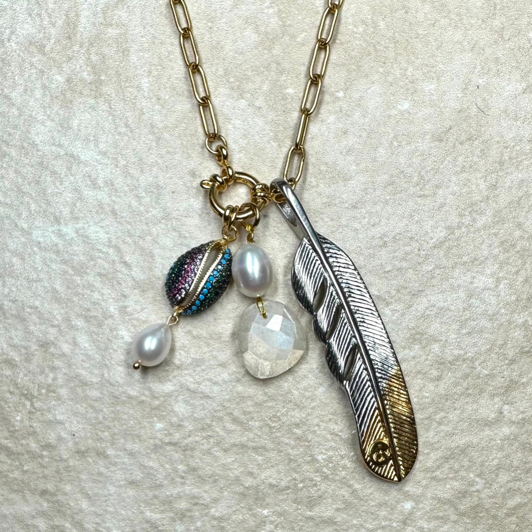 Duotone Large Feather Pendant Necklace