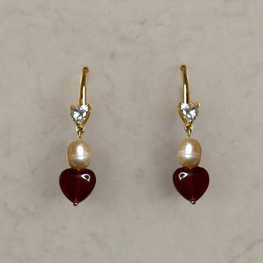 Chalcedony Heart and Pearl Earrings