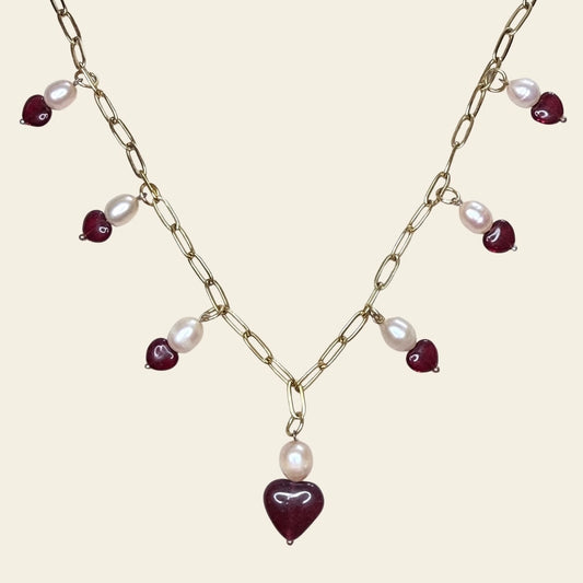 Chain of Hope Heart Necklace |
Chalcedony Heart & Freshwater Pearl | 22kt Gold Vermeil | Clarke Palmer