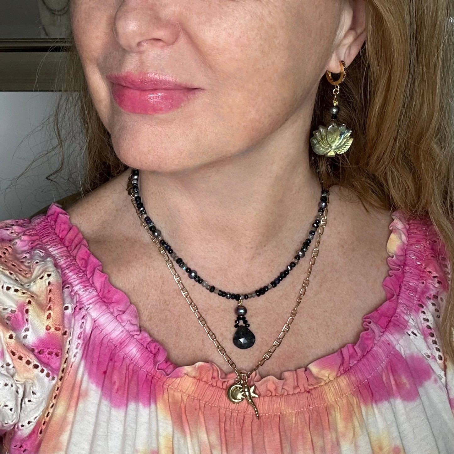 Black Pearl Spinel & Moonstone Pendant Necklace