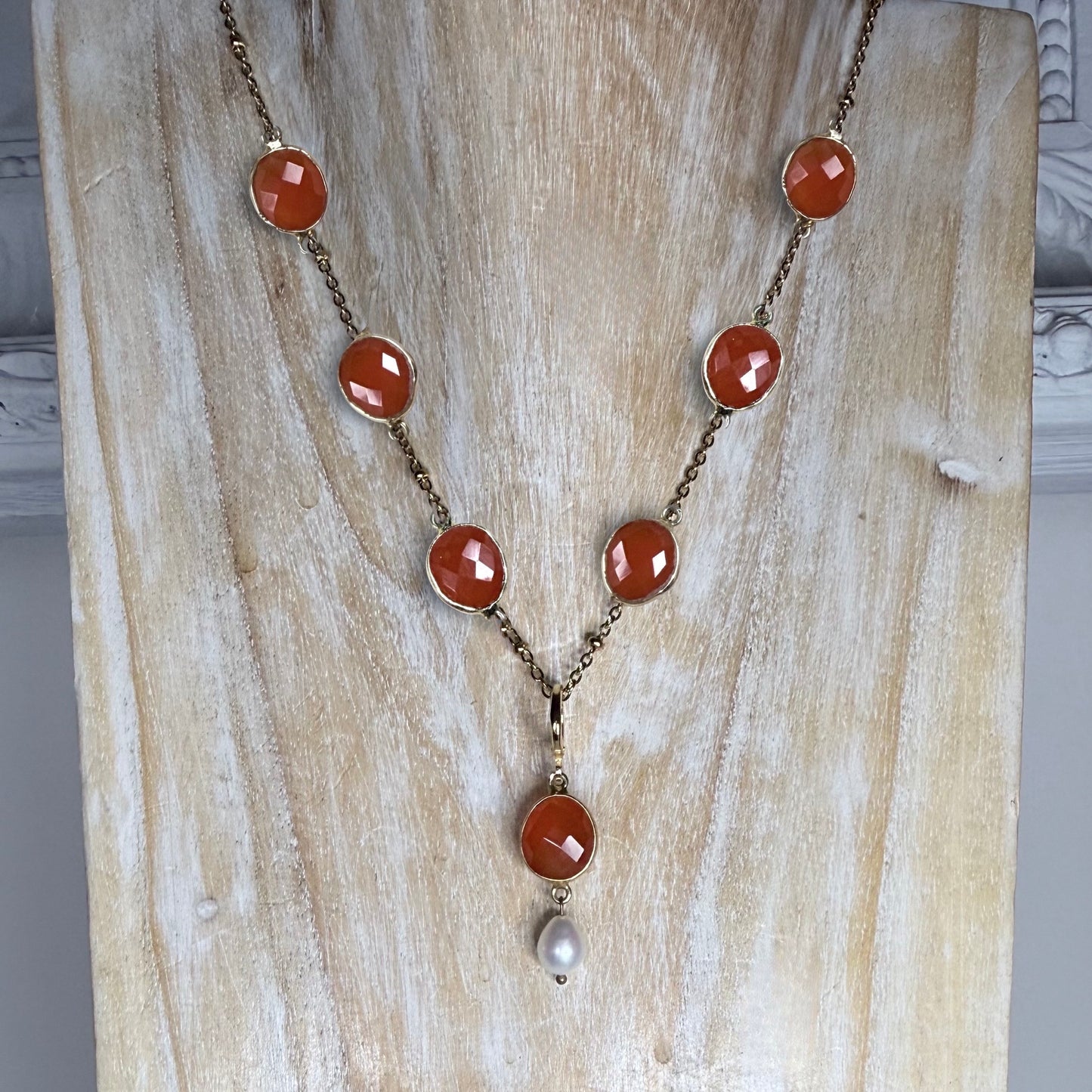 Lerici Sunset Venus Necklace | Handmade Carnelian | Drop Pearl | Gold Vermeil Jewellery | Clarke Palmer