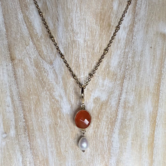 Lerici Sunset Satellite Chain Necklace | Handmade Carnelian | Drop Pearl | Gold Vermeil Jewellery | Clarke Palmer