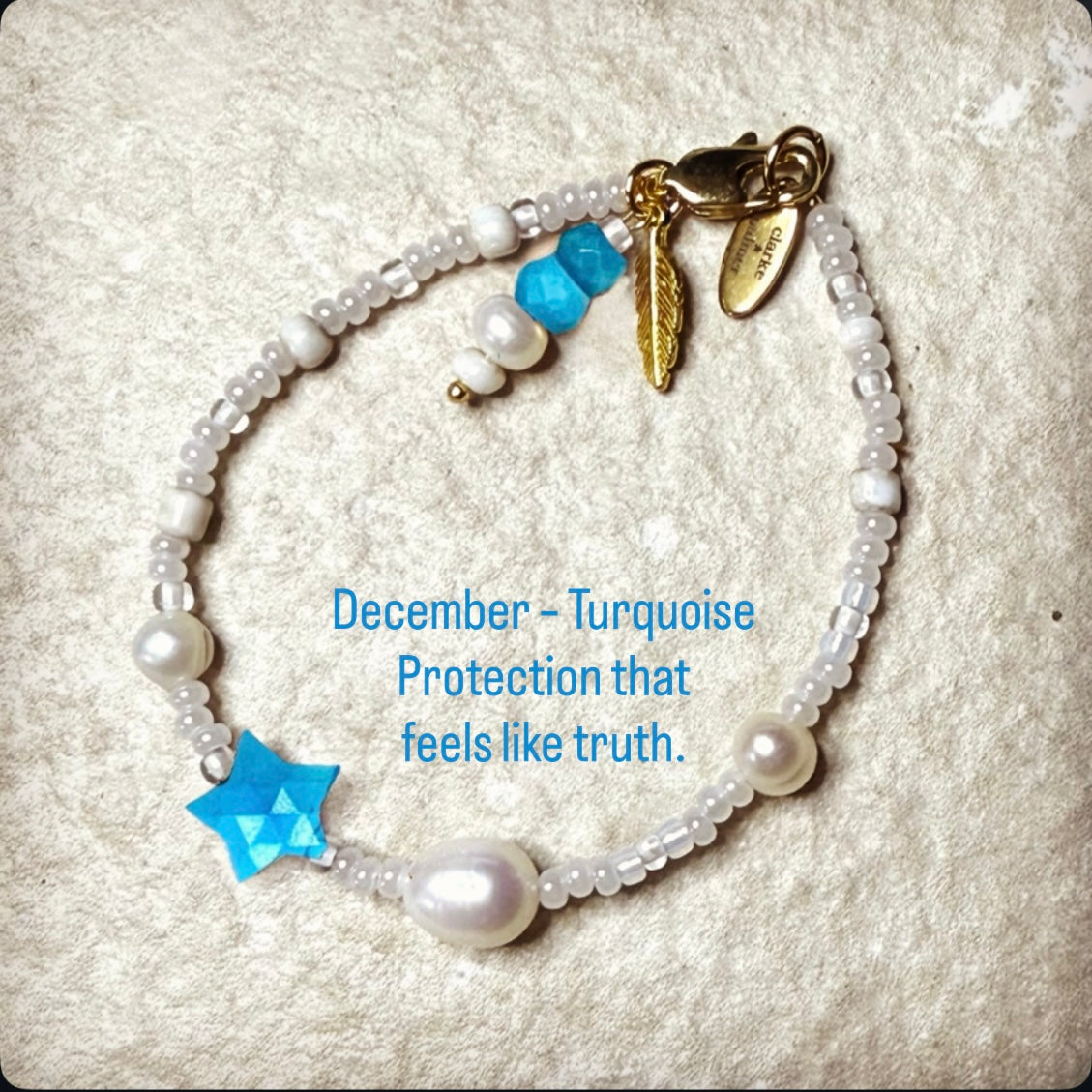 Pearl & Turquoise Star Birthstone Bracelet with quote:
December – Turquoise
Protection that feels like truth.
