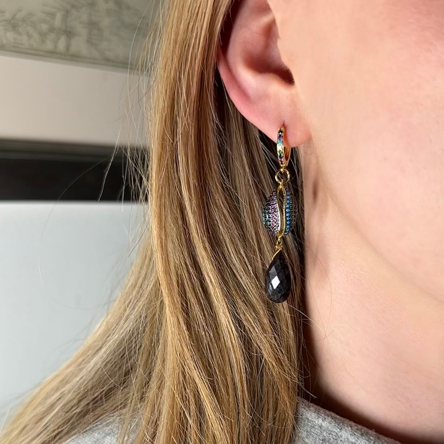 Purple Labradorite Cowrie Shell Drop Earrings