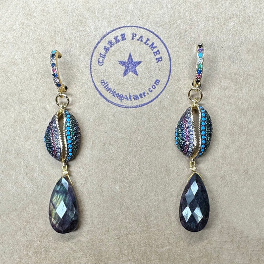 Purple Labradorite Cowrie Shell Drop Earrings