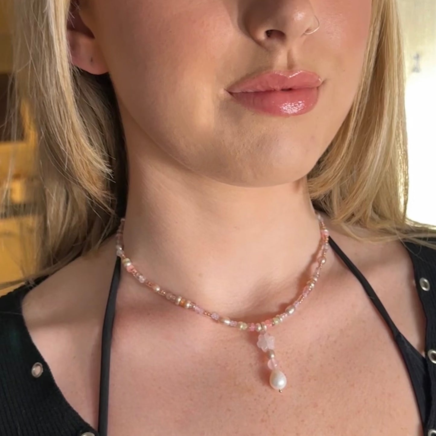 Angel Opal, Rose Quartz and Pearl Necklace