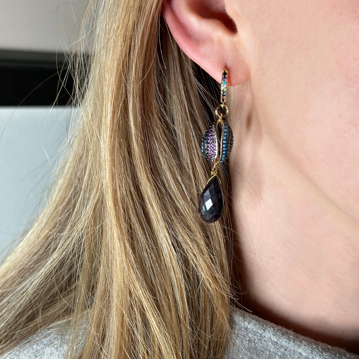 Purple Labradorite Cowrie Shell Drop Earrings