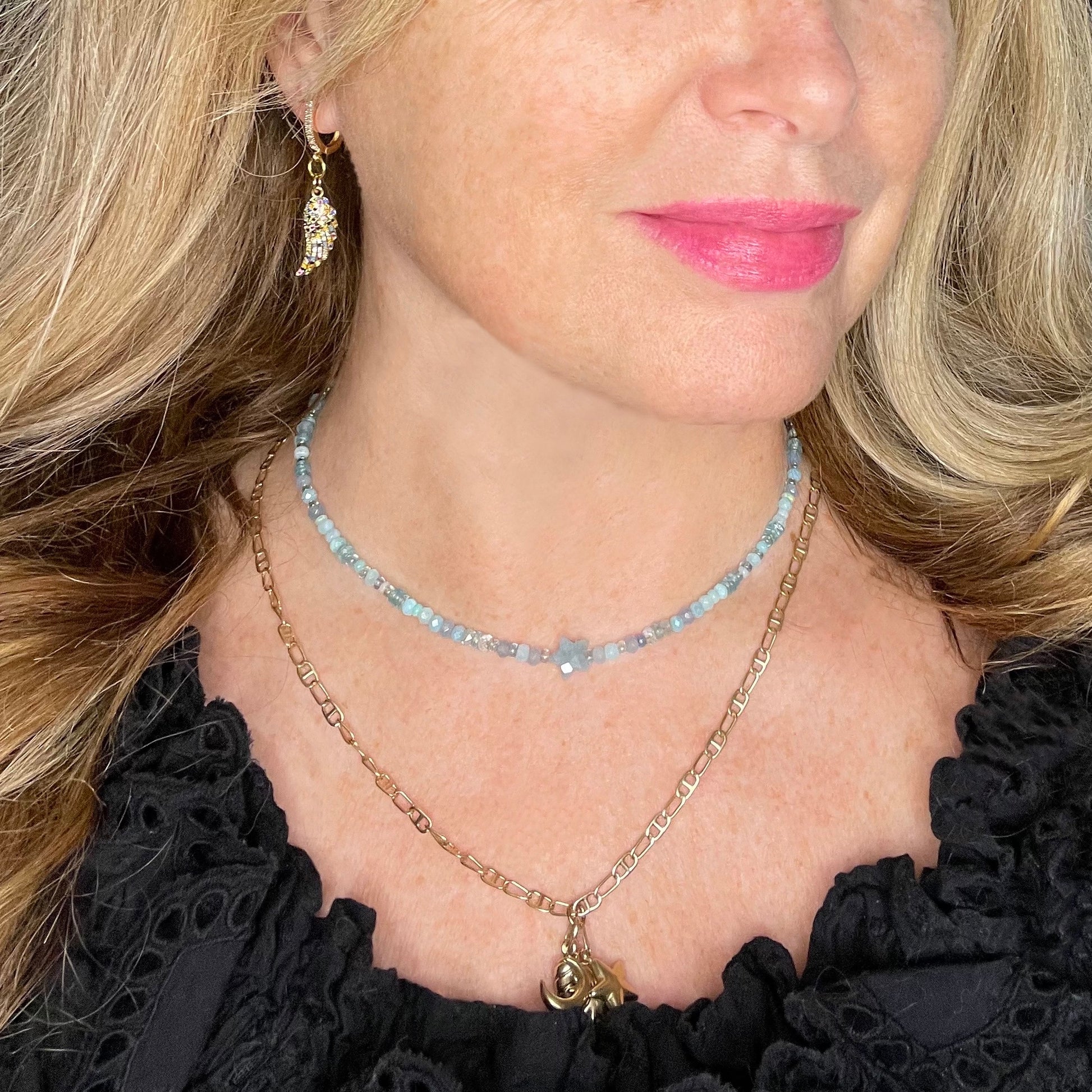 Clarke Palmer Rainbow CZ 24 kt Gold Vermeil hoop Angel Wing Earrings and 'A Star is Born' Aquamarine Necklace
