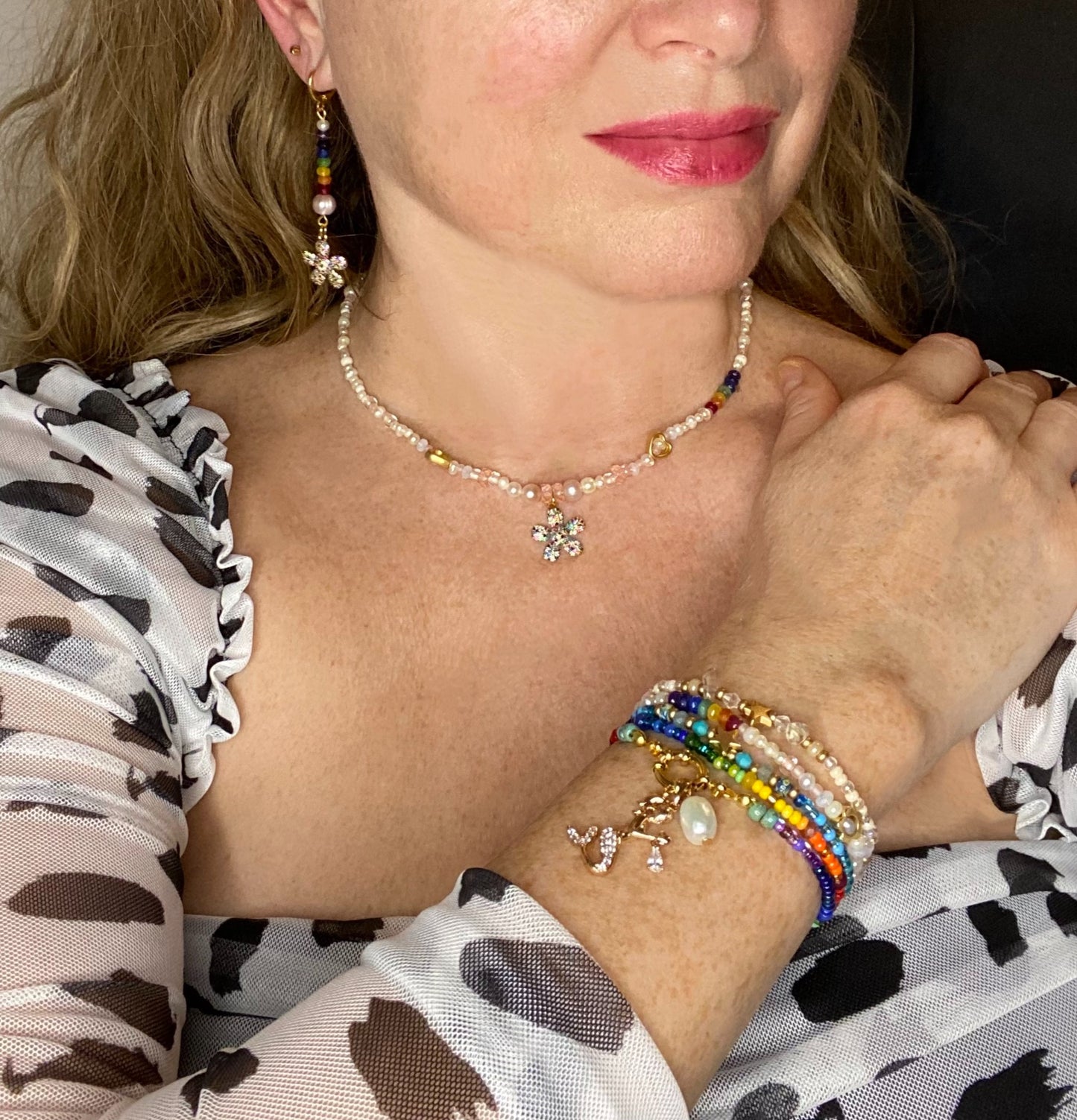 Rainbow Semi-Precious Beaded Charm Necklace