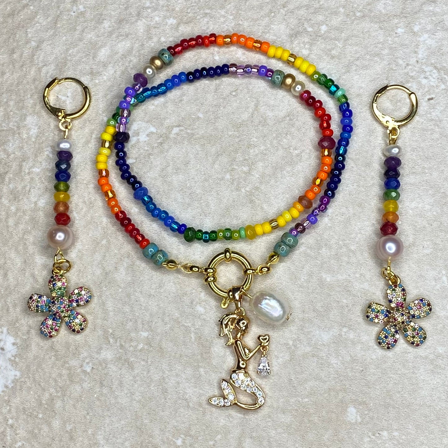 Rainbow Semi-Precious Beaded Charm Necklace