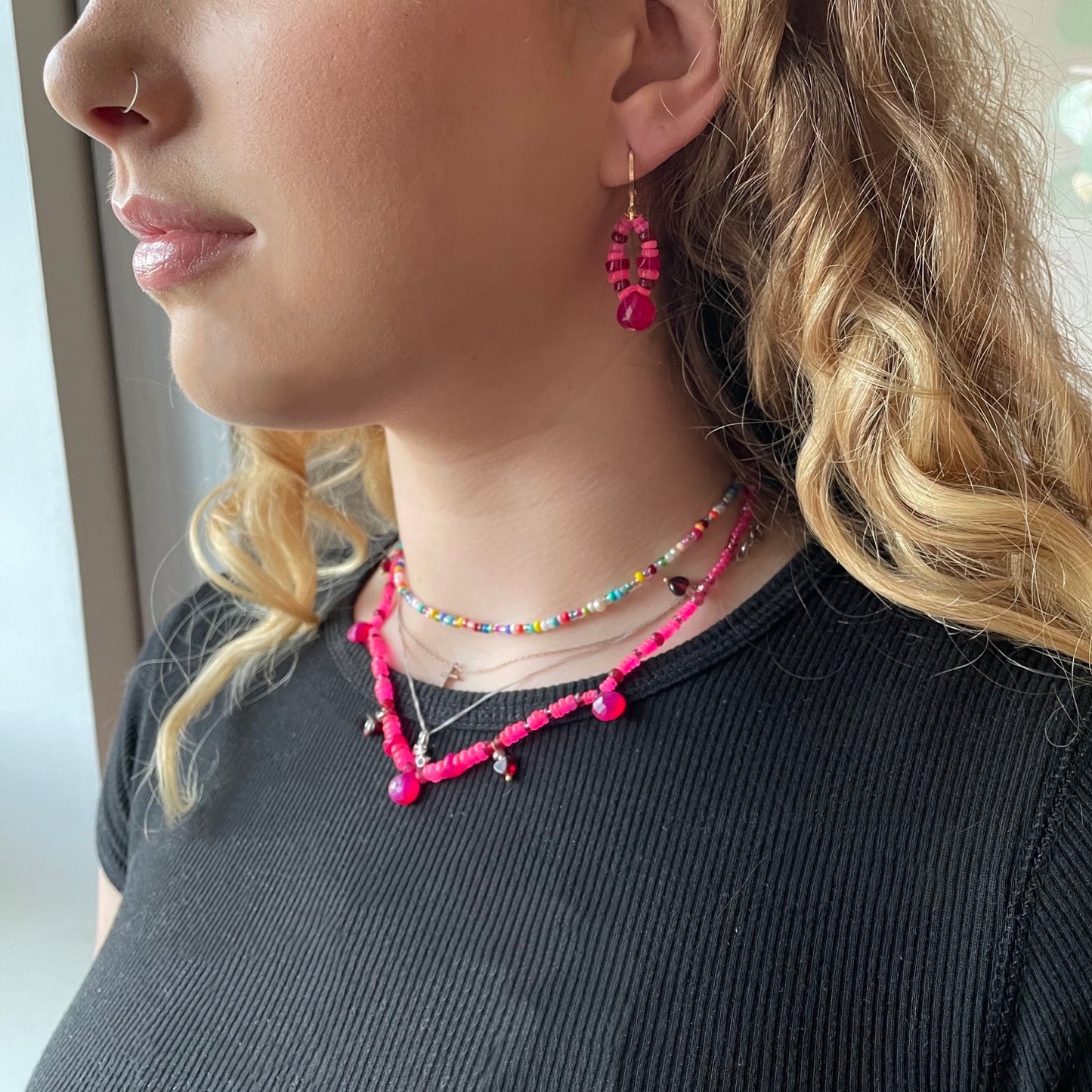 La Vie en Rose Pink Opal, Ruby and Chalcedony Earrings