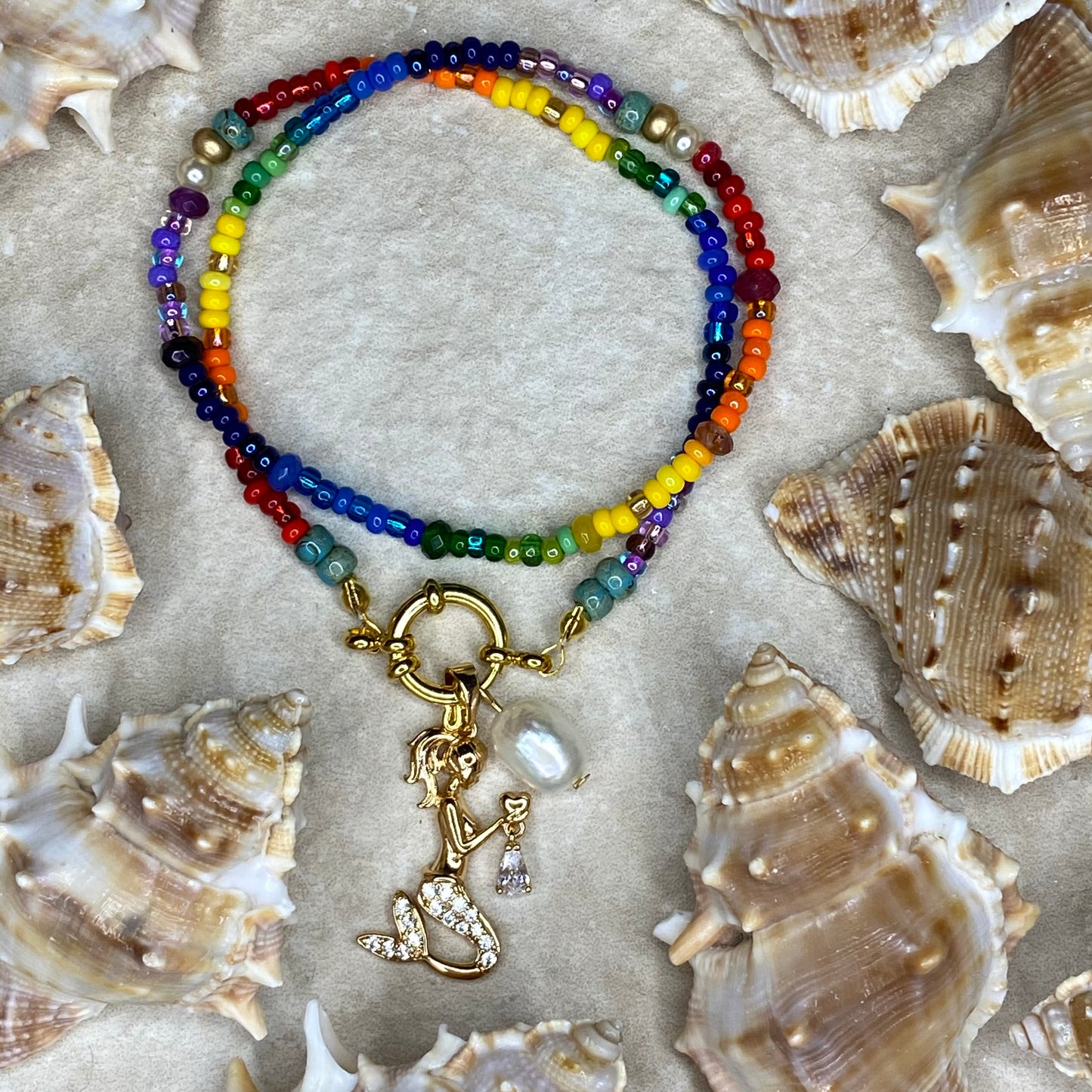 Rainbow Semi-Precious Beaded Charm Necklace