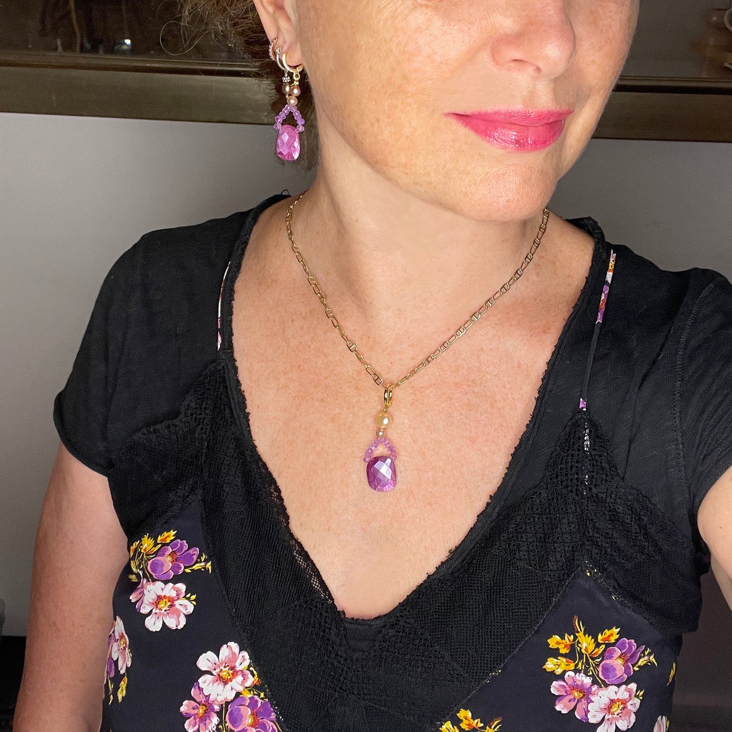 Ruby Moonstone and Pearl 'Peony' Earrings