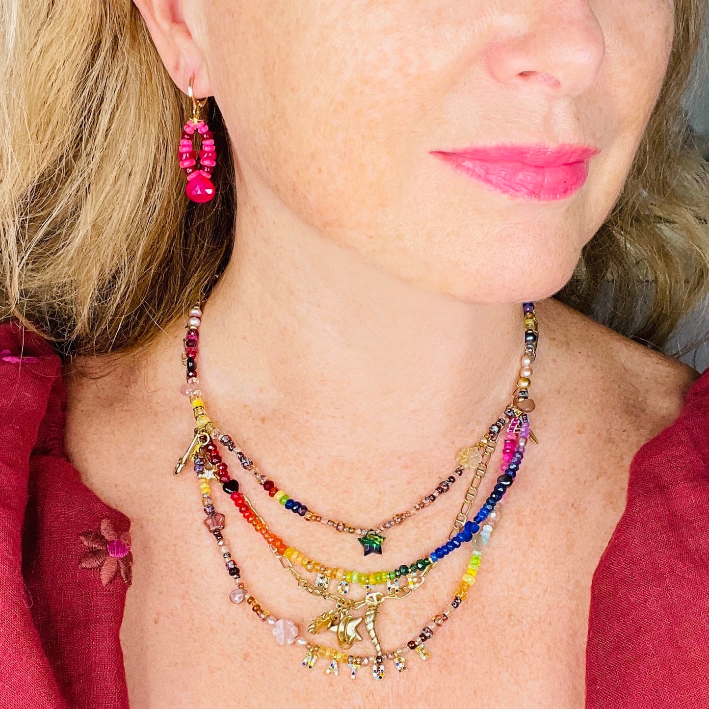 La Vie en Rose Pink Opal, Ruby and Chalcedony Earrings