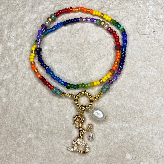 Rainbow Semi-Precious Beaded Charm Necklace