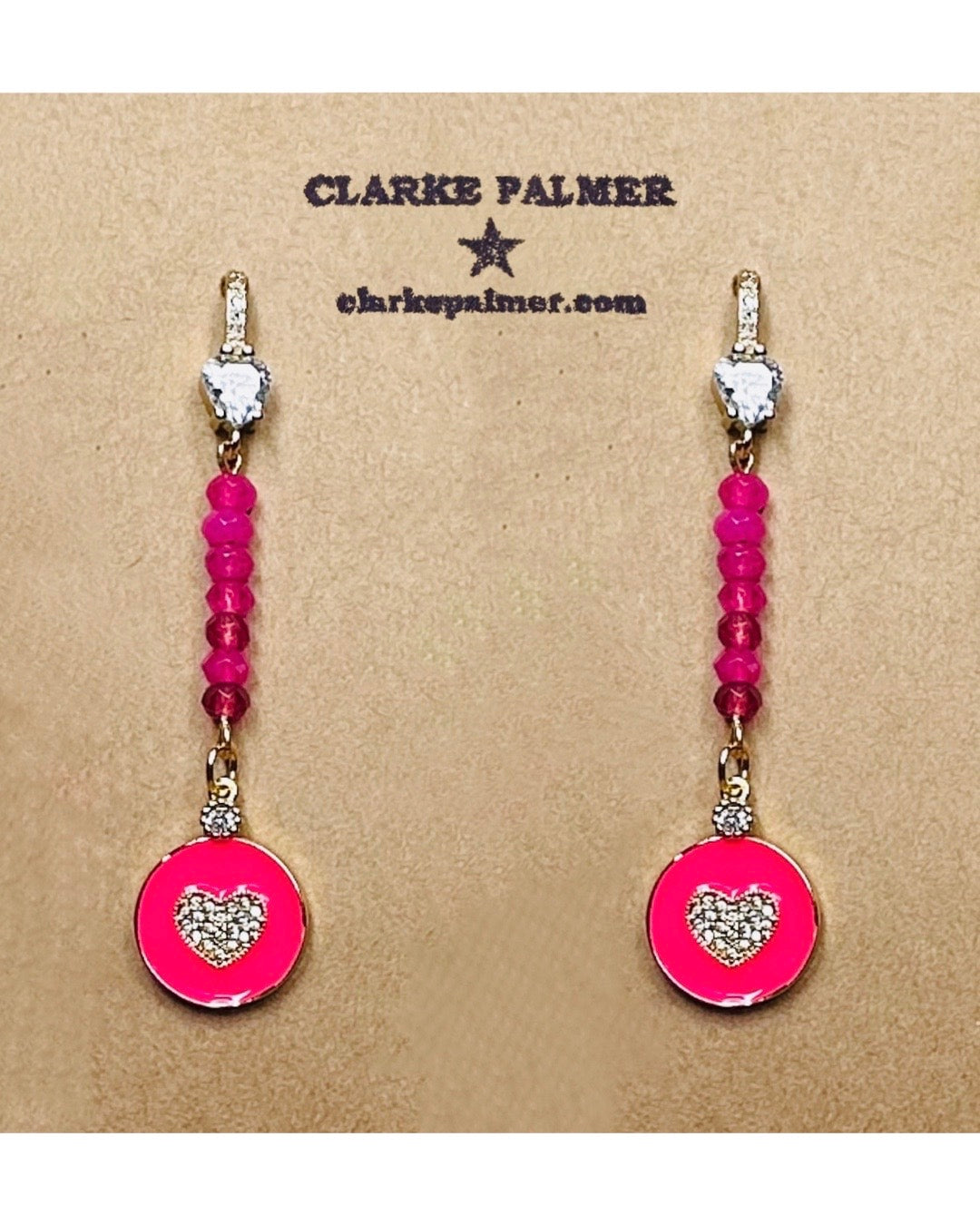 Hot Pink CZ Enamel Heart Drop Earrings