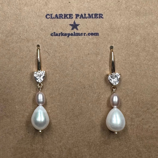 Pearl Drop and CZ Heart Earrings