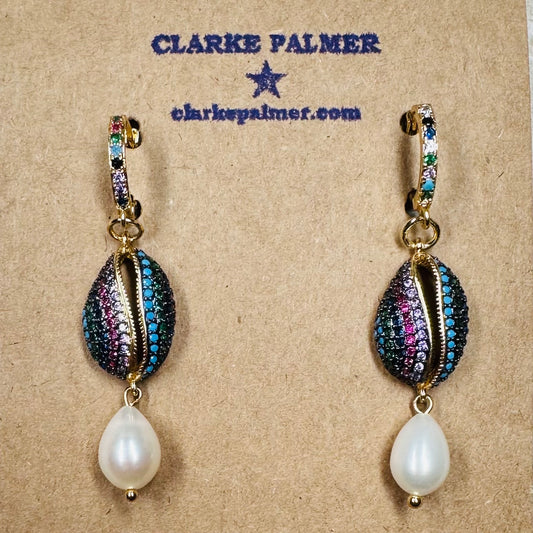Rainbow CZ Cowrie Shell and Drop Pearl Earrings