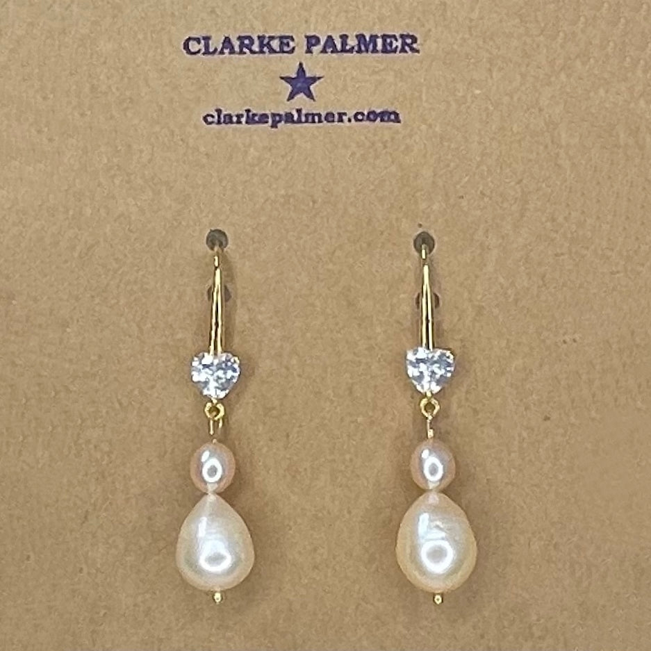 Pearl Drop and CZ Heart Earrings