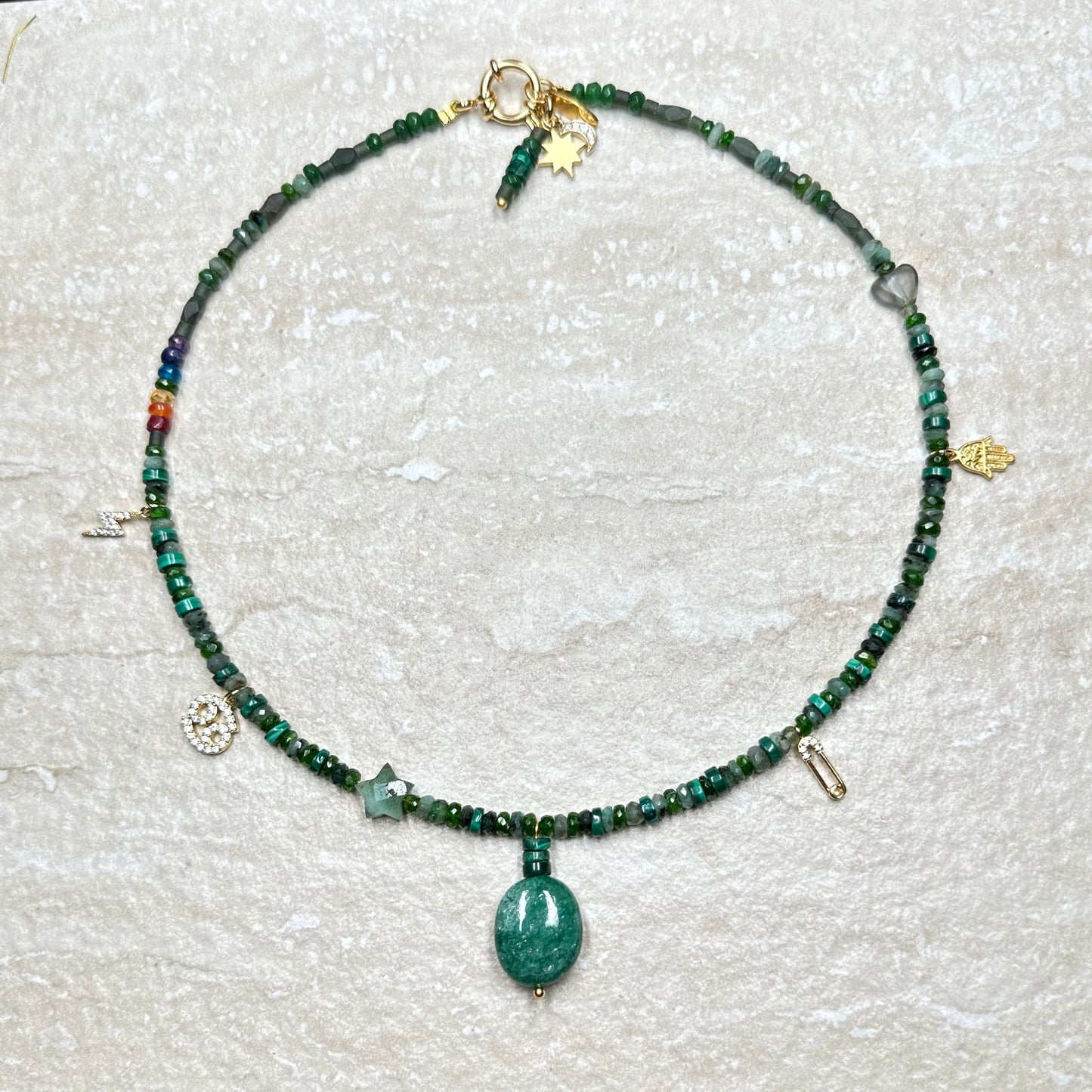 Jade, Malachite and Emerald Pendant Necklace