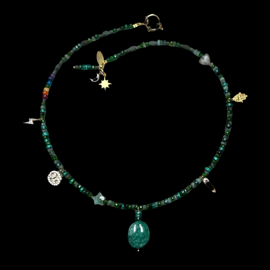 Jade, Malachite and Emerald Pendant Necklace