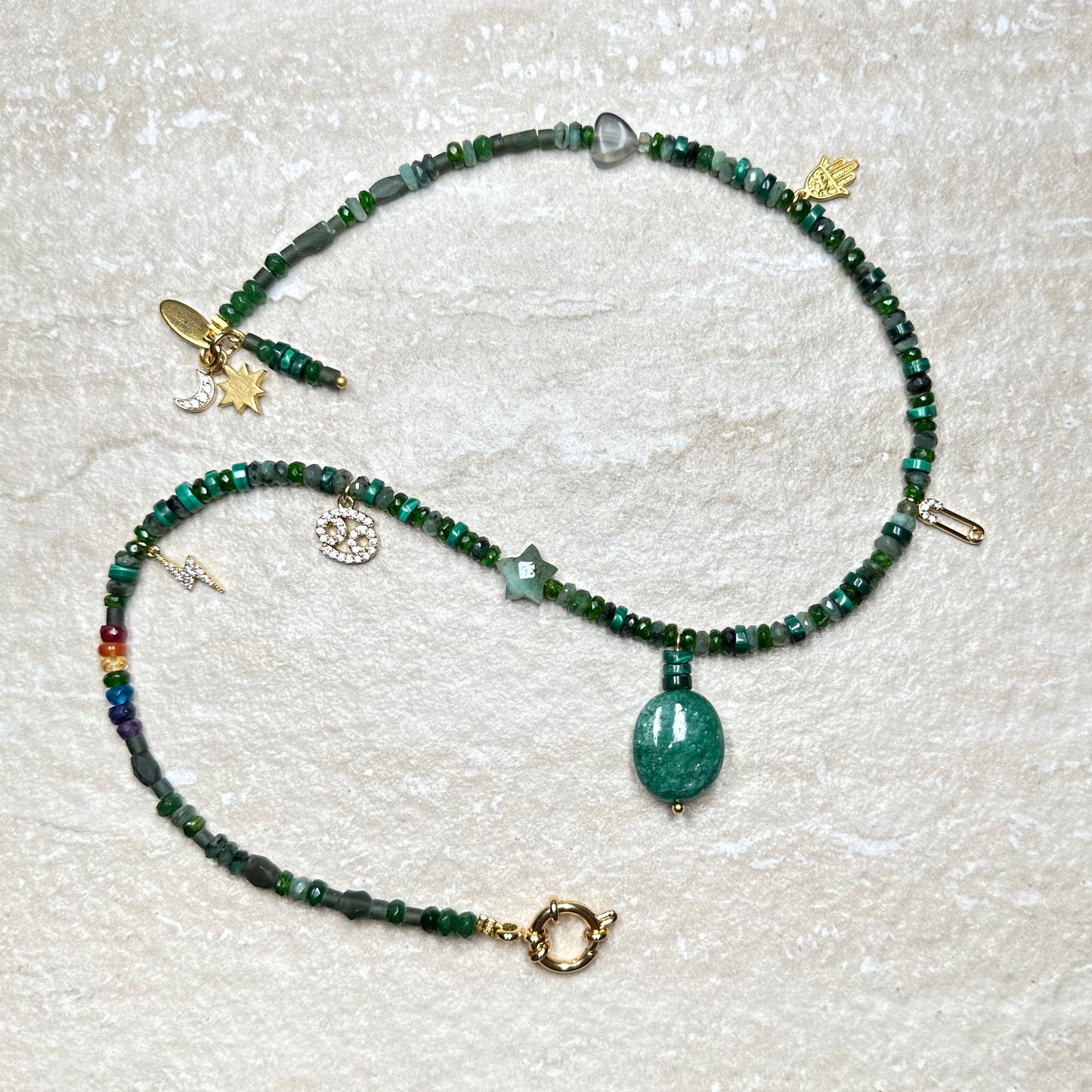 Jade, Malachite and Emerald Pendant Necklace