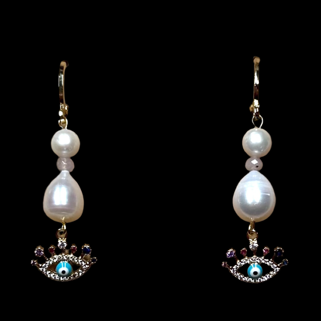 Evil Eye CZ Charm and Drop Pearl Earrings