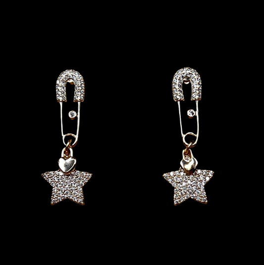 Star and Heart CZ Safety Pin Earrings