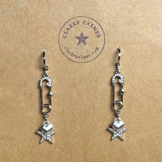Safety Pin Earrings with Stars and Hearts