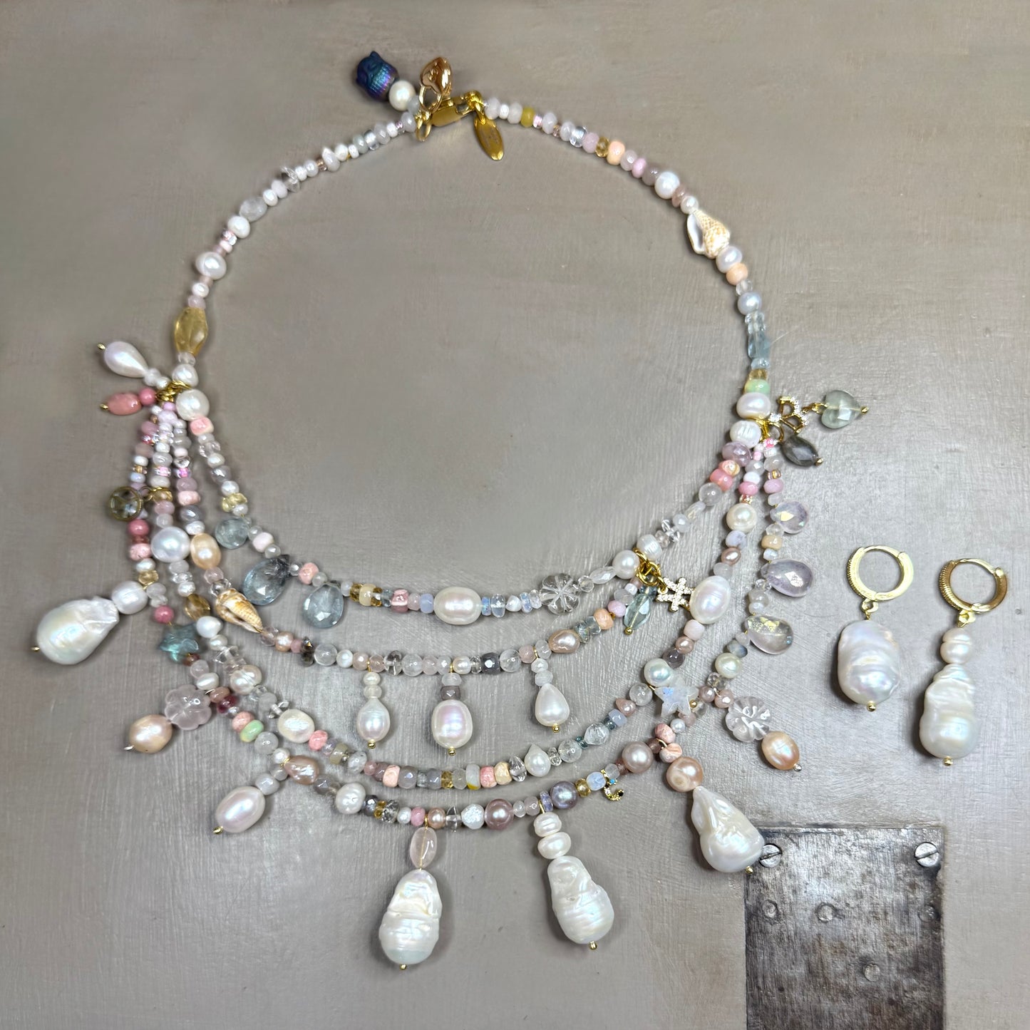 Lumière ‘Collected’ Everything Chandelier Necklace - Baroque Pearl| Gemstone | 22kt Gold Vermeil | Clarke Palmer