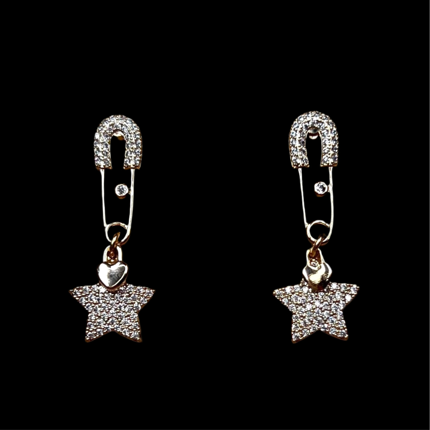 Star and Heart CZ Safety Pin Earrings