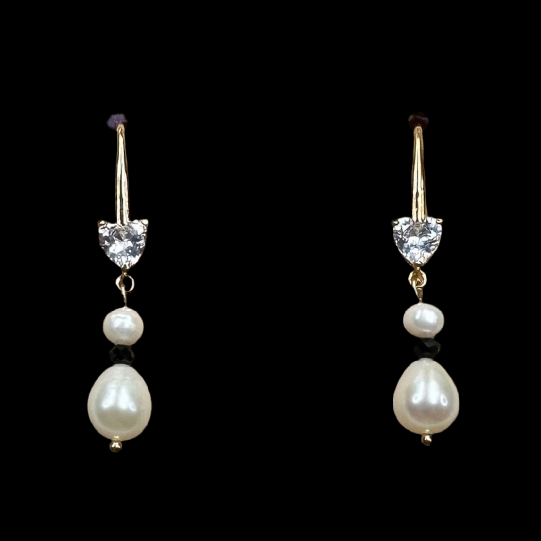 Pearl Drop, spinel and CZ Heart Earrings