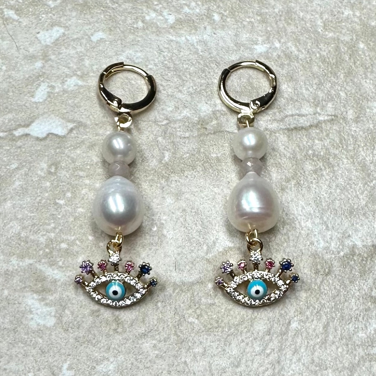 Evil Eye CZ Charm and Drop Pearl Earrings