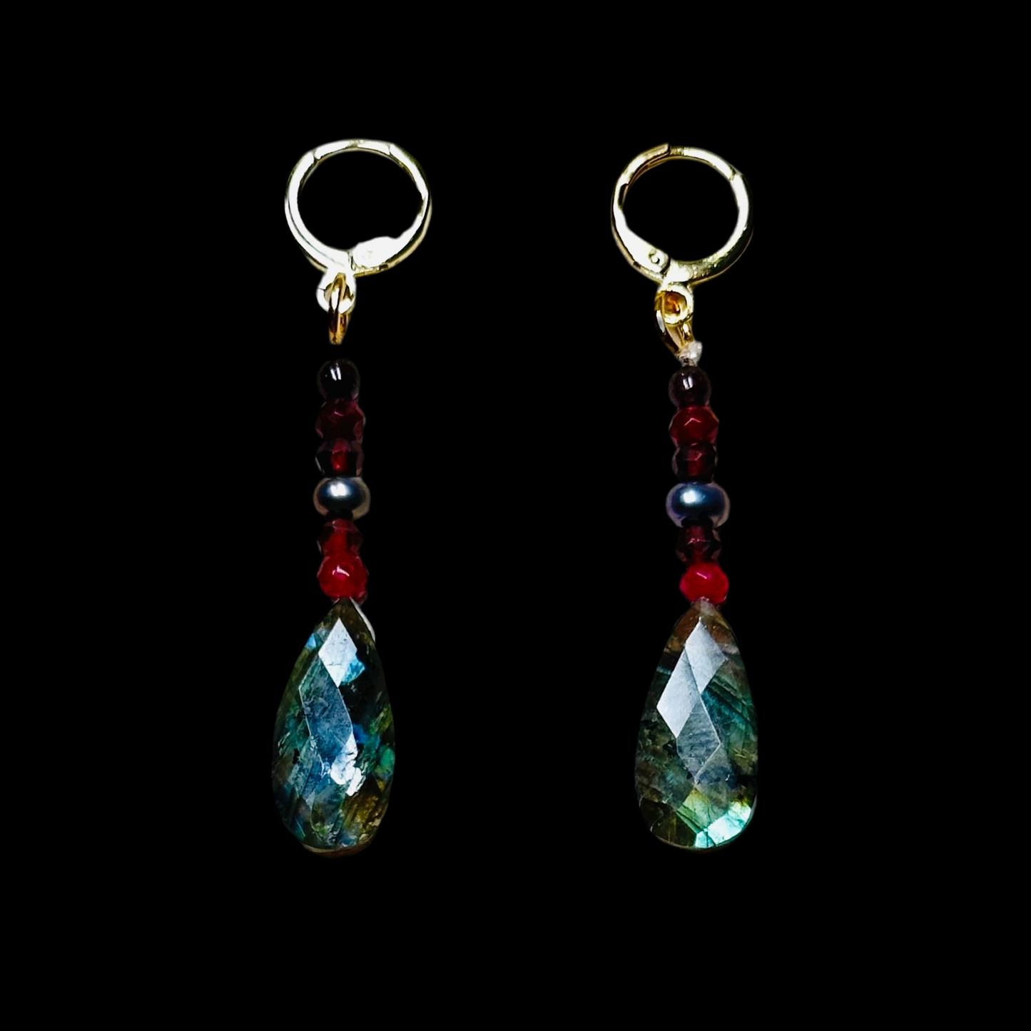 Labradorite Briolette Ruby Garnet Drop Earrings