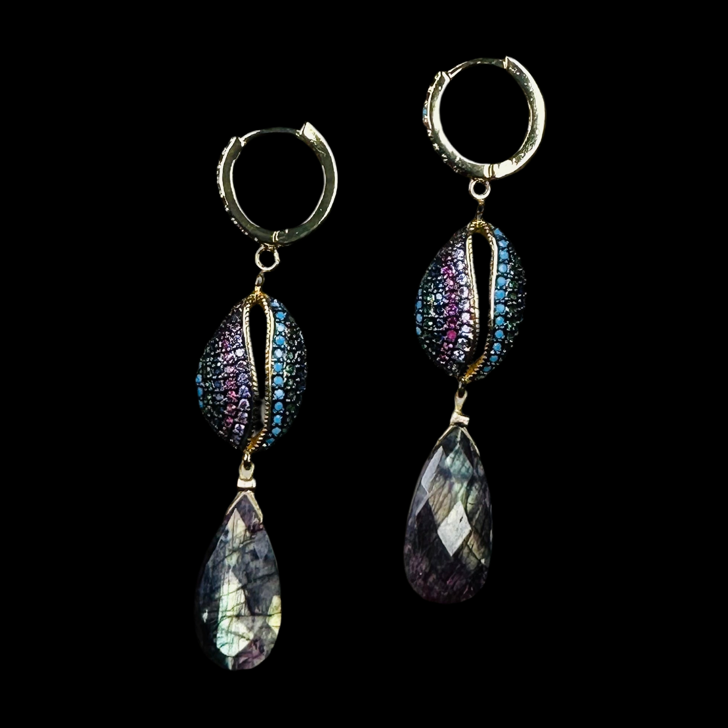 Purple Labradorite Cowrie Shell Drop Earrings