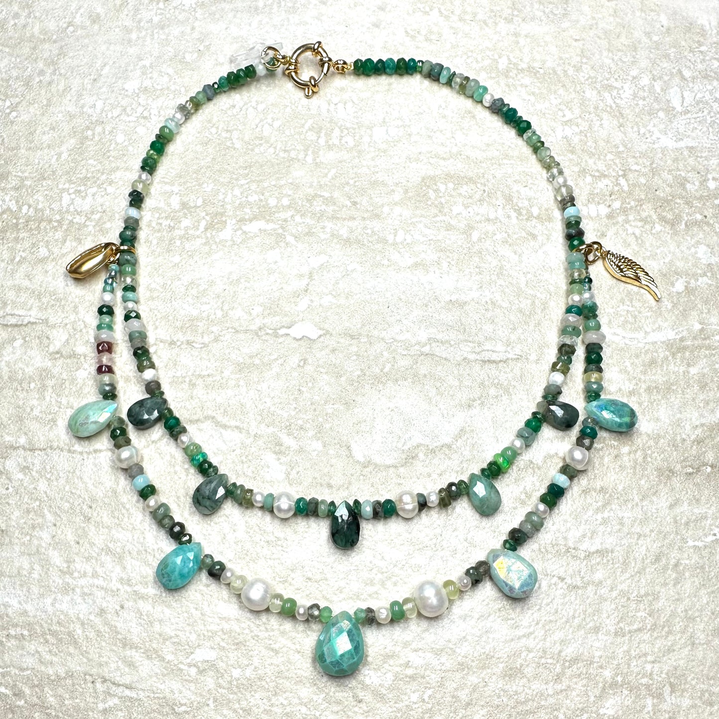 Emerald and Ruby Double Strand Necklace