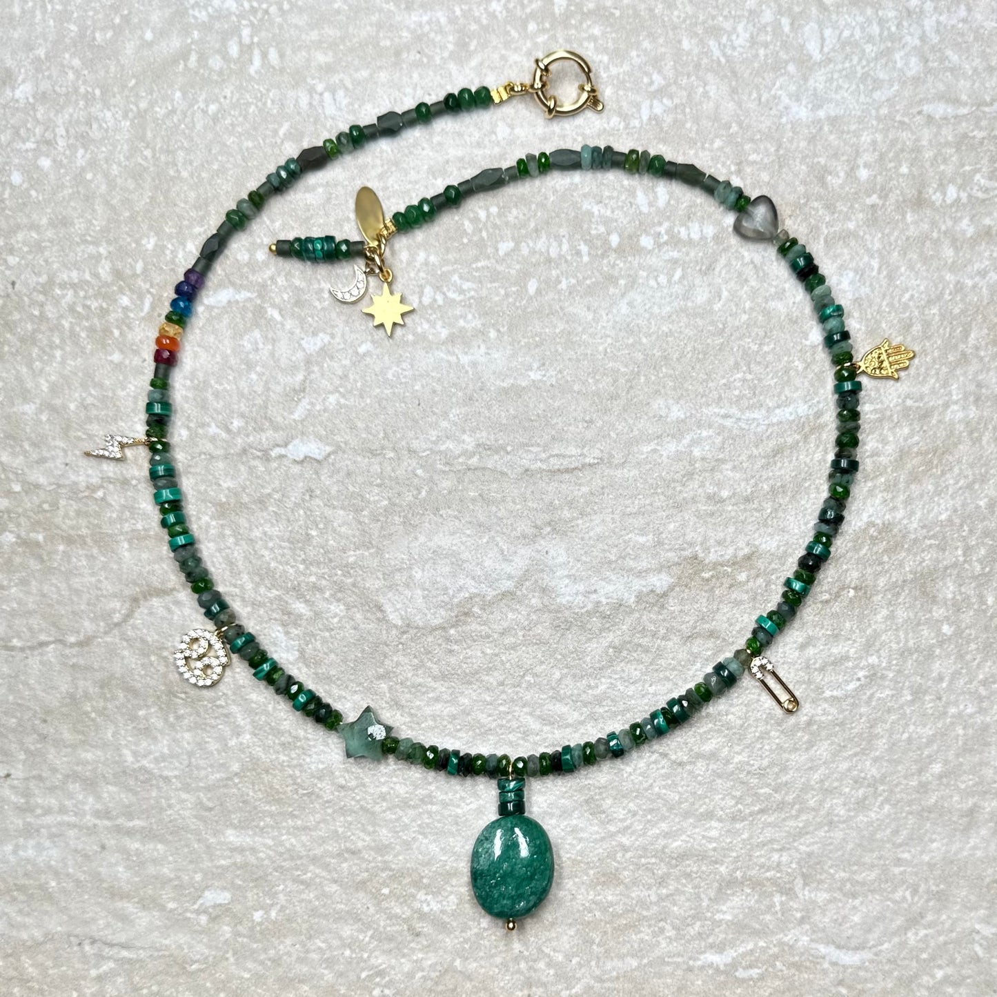 Jade, Malachite and Emerald Pendant Necklace