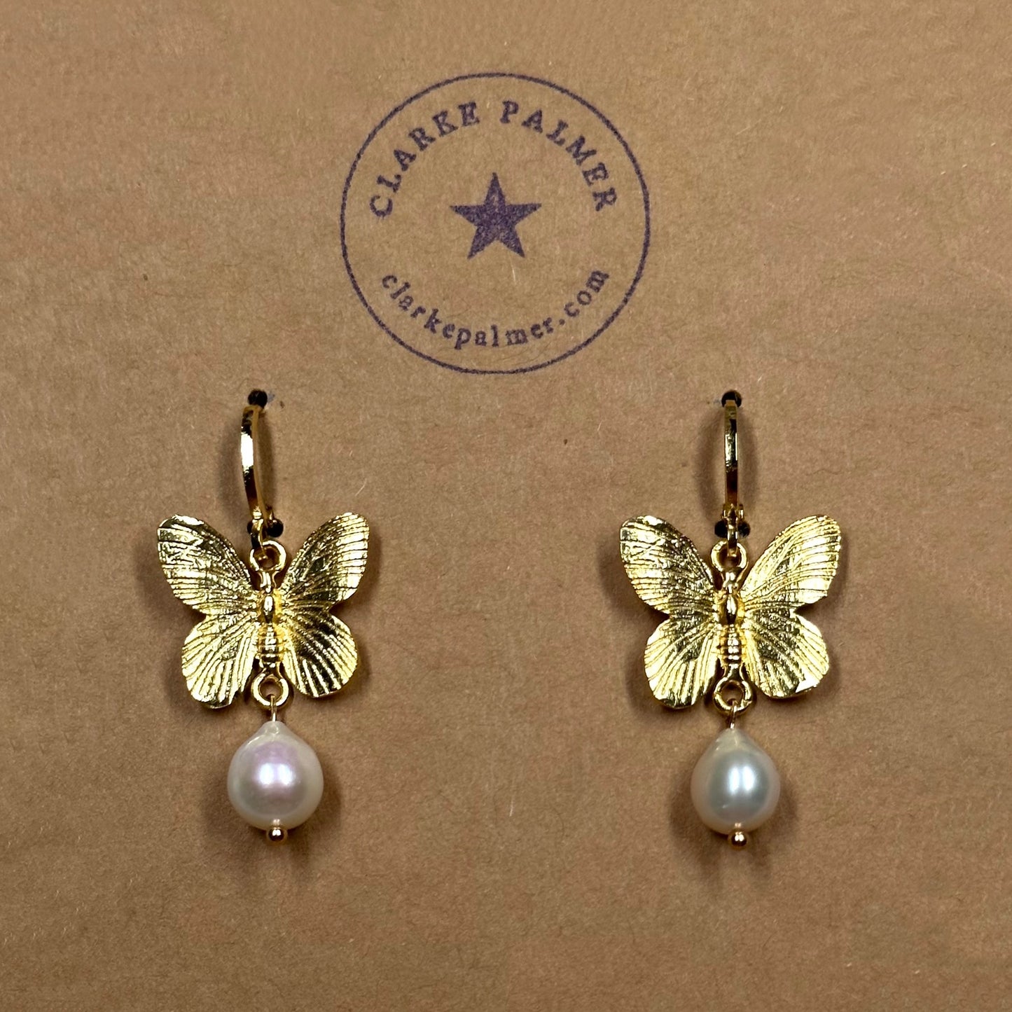 Golden Butterfly Drop Pearl Earrings